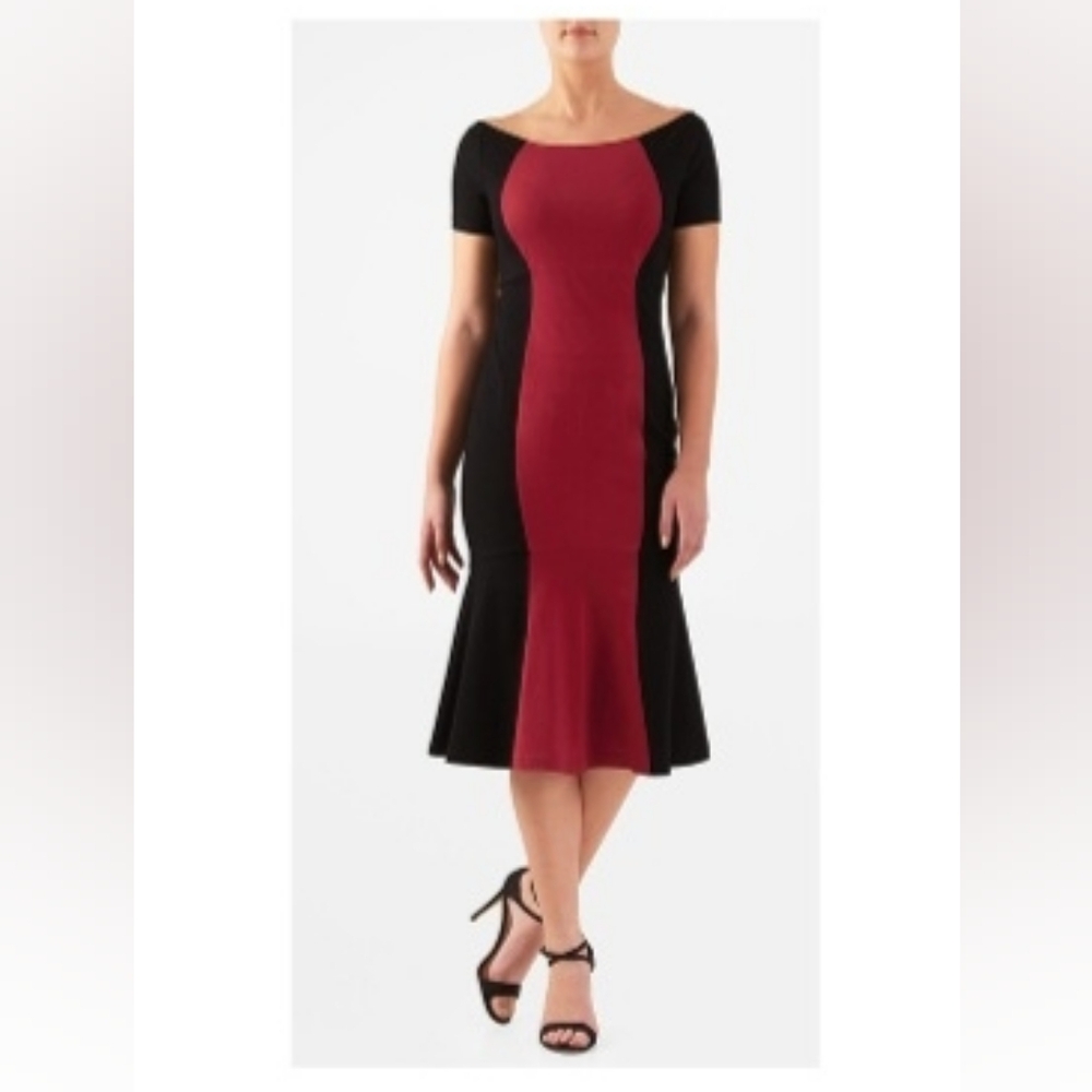eShakti Linear Colorblock Black and Red Panel Cotton Knit Dress